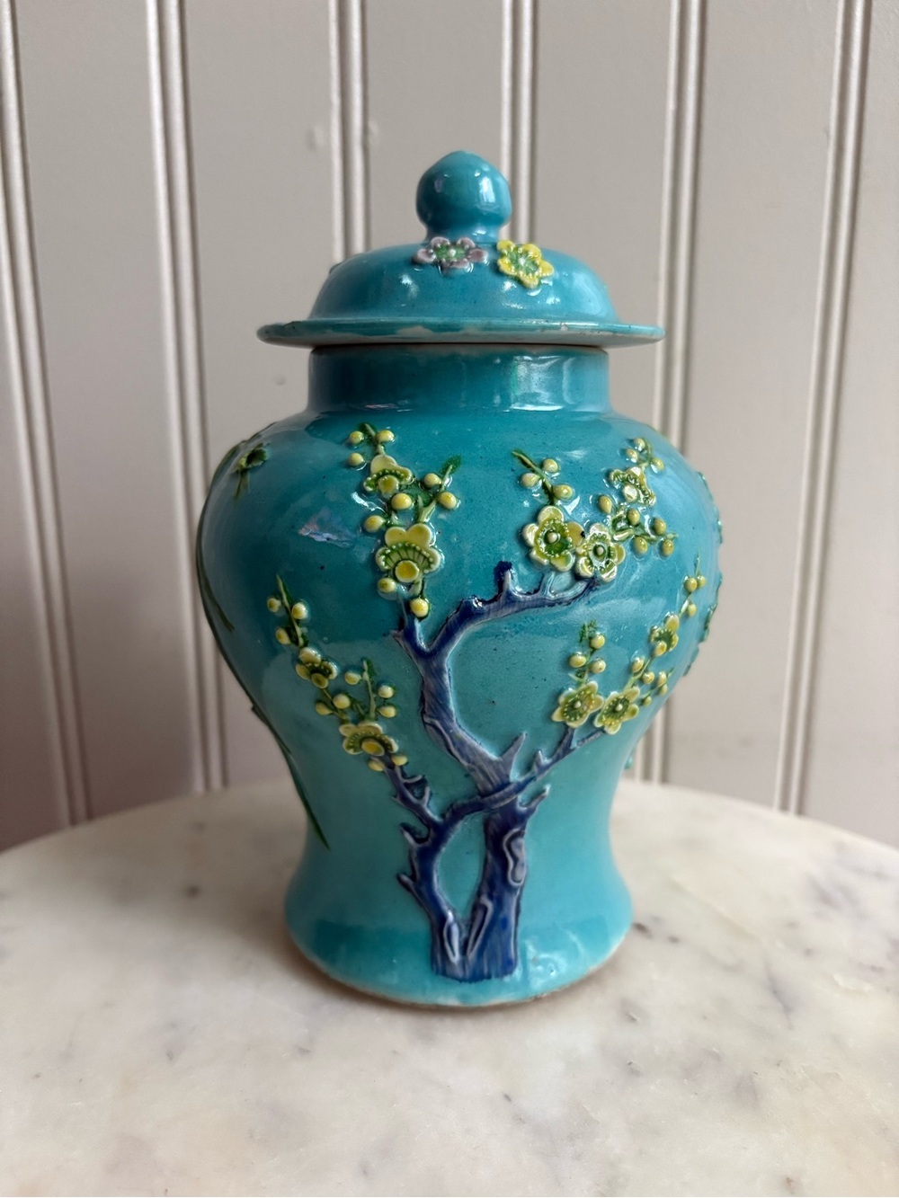 Vintage Chinese Porcelain Ginger Jar w/Lid Turquoise Floral Branch Early 1900s